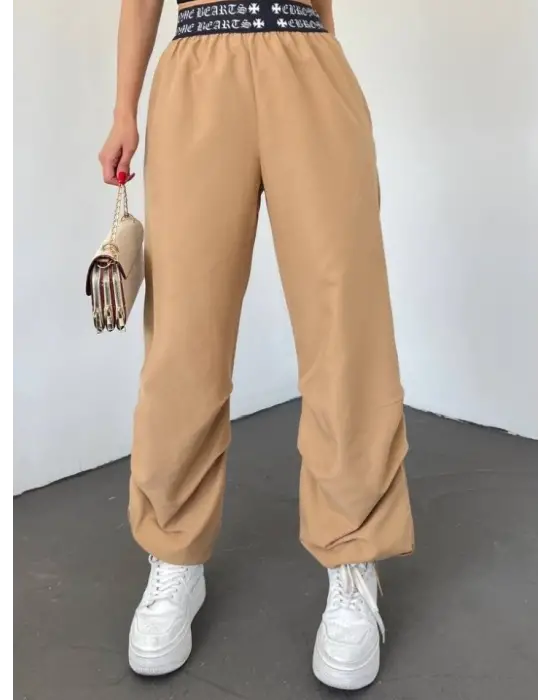 Beli Bantlı Paçası Lastikli Pantolon -Vizon