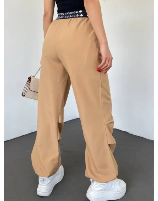 Omarı Esnek Beli ve Rahat Kesimiyle Lastikli Paçası Pantolon - Vizon