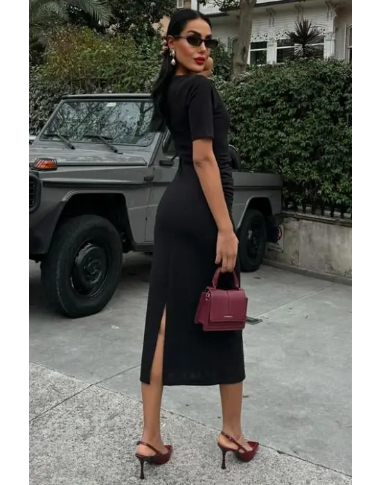 Beli Büzgülü Midi Elbise 2853