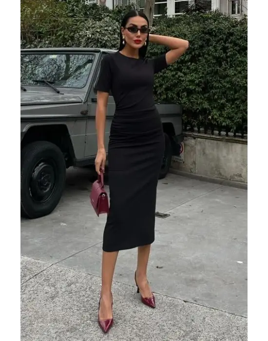 Beli Büzgülü Midi Elbise 2853