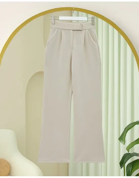 Beli Cırtcırt Detay Boru Paça Kumaş Pantolon  -Bej