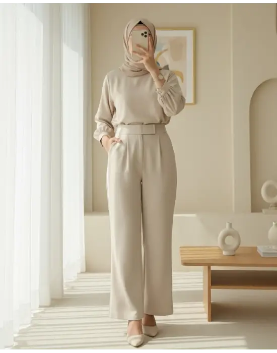 Beli Cırtcırt Detay Boru Paça Kumaş Pantolon  -Bej