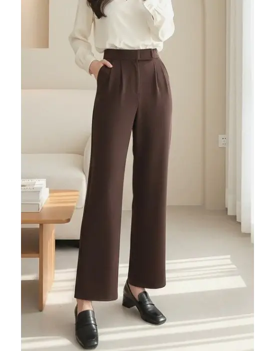 Beli Cırtcırt Detay Boru Paça Kumaş Pantolon  -Kahve