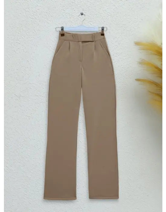 Beli Cırtlı Likralı Pantolon -Vizon