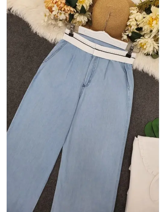 Omarı Detaylı İnce Kot Pantolon - Açık Mavi