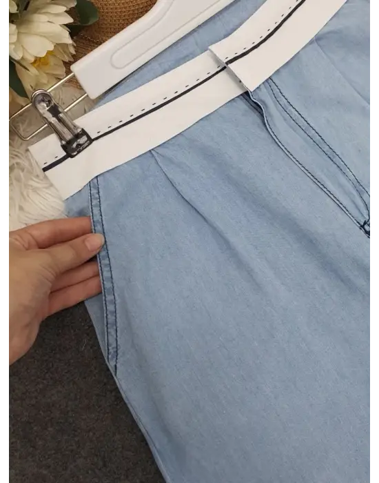 Omarı Detaylı İnce Kot Pantolon - Açık Mavi