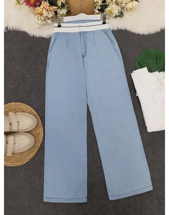 Beli Kancalı Kemer Detaylı İnce Kot Pantolon -Açık Mavi