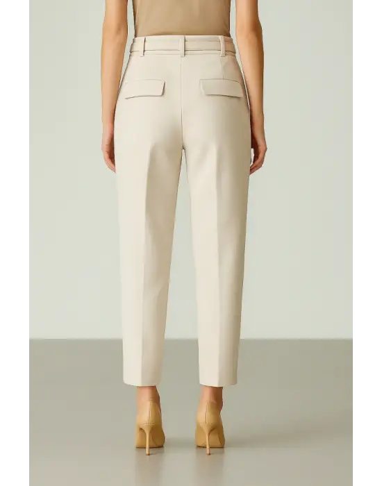 Beli Kemerli Çift Cepli Pantolon-Bej