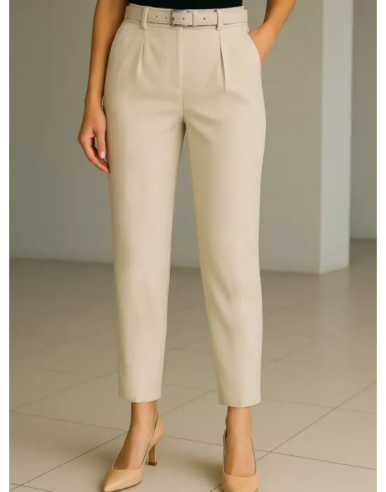 Beli Kemerli Çift Cepli Pantolon-Bej