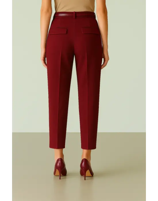 Beli Kemerli Çift Cepli Pantolon  -Bordo