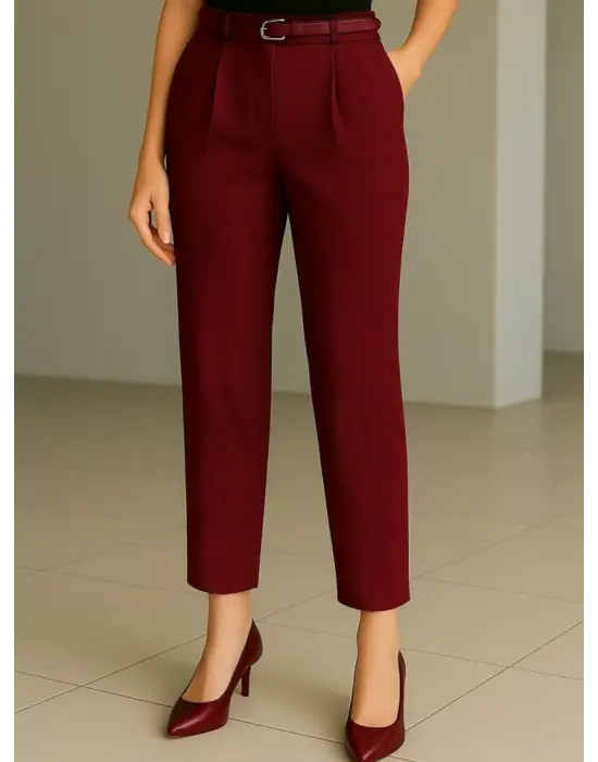 Beli Kemerli Çift Cepli Pantolon  -Bordo