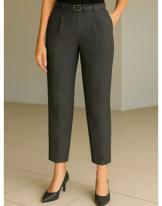 Beli Kemerli Çift Cepli Pantolon  -Füme