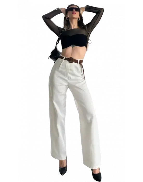 Beli Kemerli  Pantolon - BEYAZ