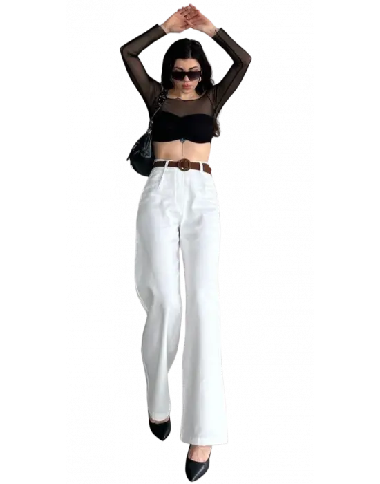 Beli Kemerli  Pantolon - BEYAZ