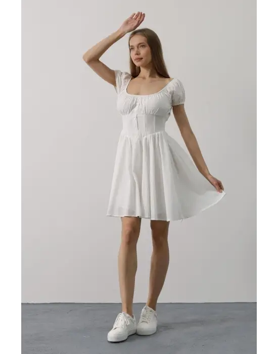 Beli Korseli Mini Elbise - Beyaz