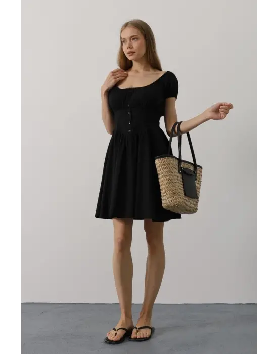 Beli Korseli Mini Elbise - Siyah