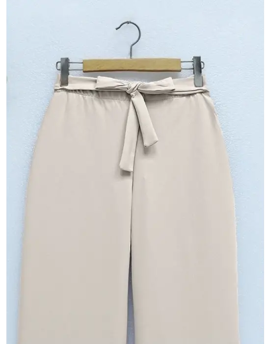 Beli Lastikli Bağlamalı  Bol Paça Pantolon  -Bej