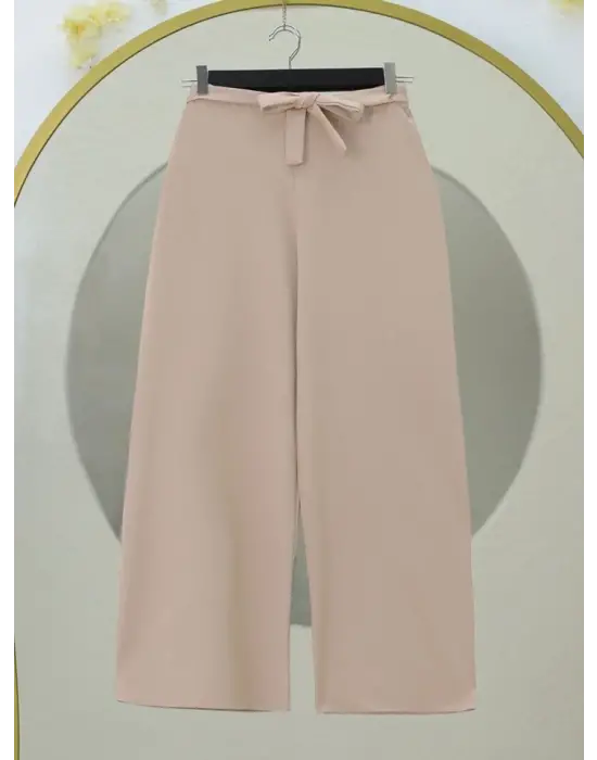 Beli Lastikli Bağlamalı  Bol Paça Pantolon  -Bej