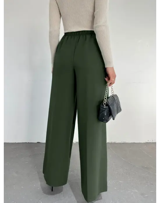 Beli Lastikli Bağlamalı  Bol Paça Pantolon  -Haki