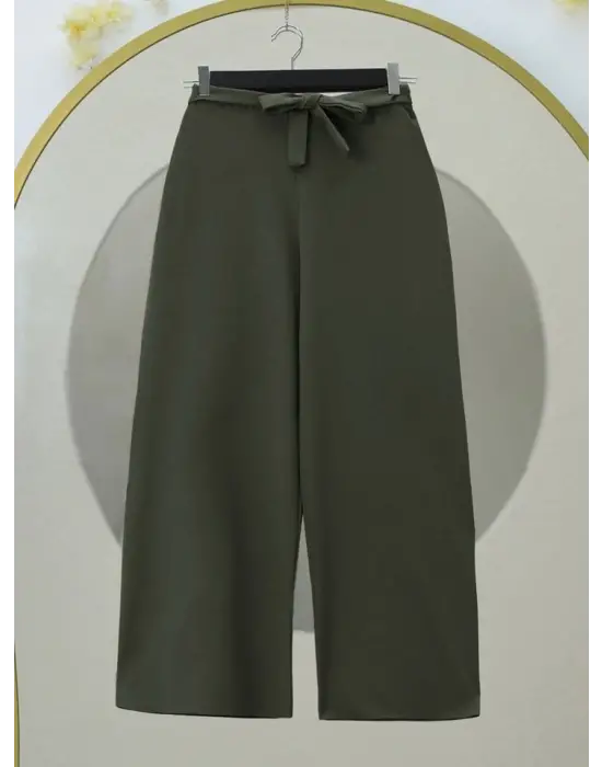 Beli Lastikli Bağlamalı  Bol Paça Pantolon  -Haki