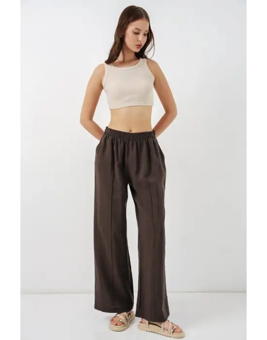 Beli Lastikli Bol Paça Pantolon 30087 - A.Kahve