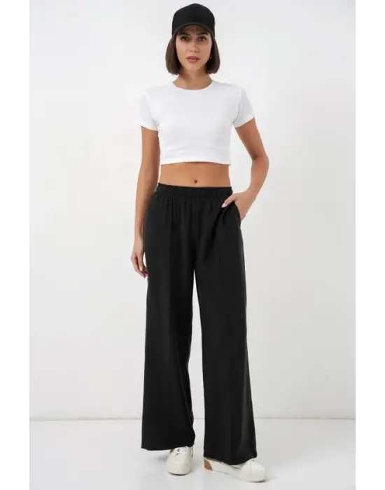 Beli Lastikli Bol Paça Pantolon 30087 - Siyah