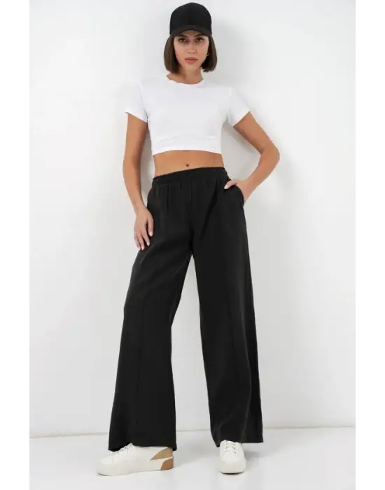 Beli Lastikli Bol Paça Pantolon 30087 - Siyah