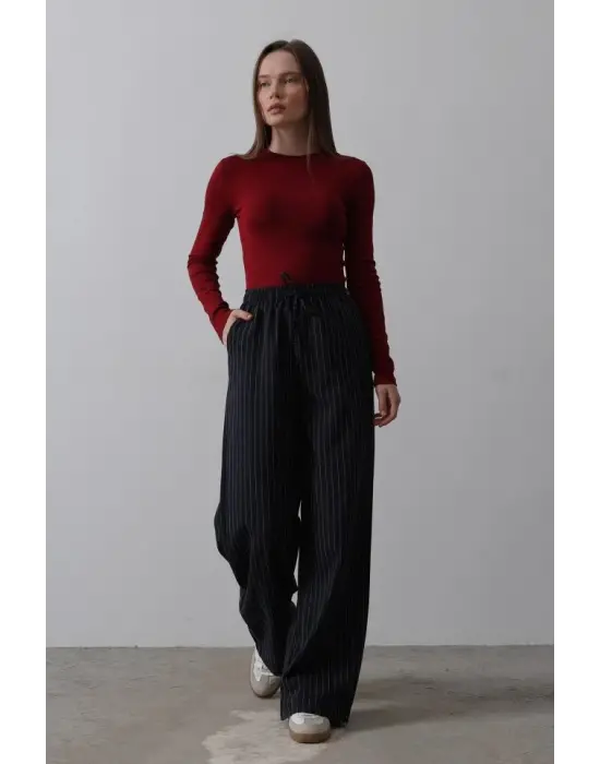 Beli Lastikli Bol Paça Pantolon - Lacivert-Beyaz