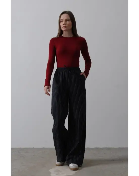 Beli Lastikli Bol Paça Pantolon - Lacivert-Beyaz