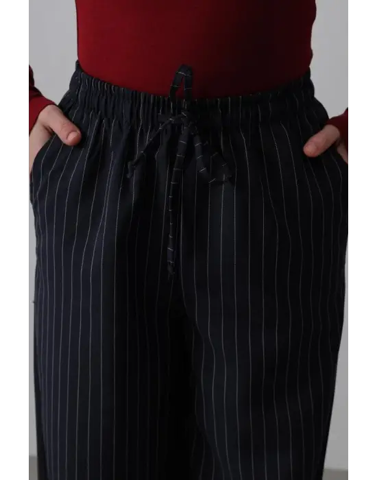 Beli Lastikli Bol Paça Pantolon - Lacivert-Beyaz