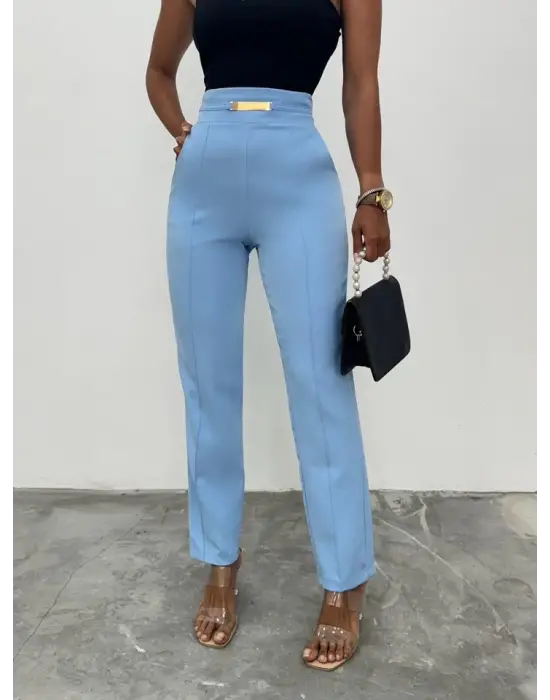 Omarı Beli Lastikli Cepli Pantolon - Hafif Mavi