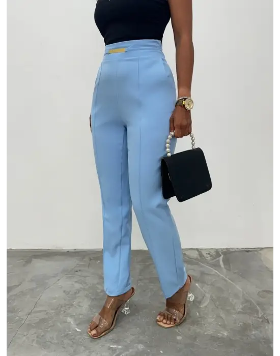 Beli Lastikli Cepli Metal Detaylı Pantolon -Bebe Mavi