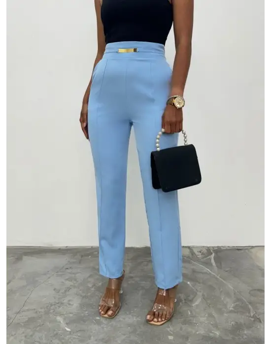 Beli Lastikli Cepli Metal Detaylı Pantolon -Bebe Mavi