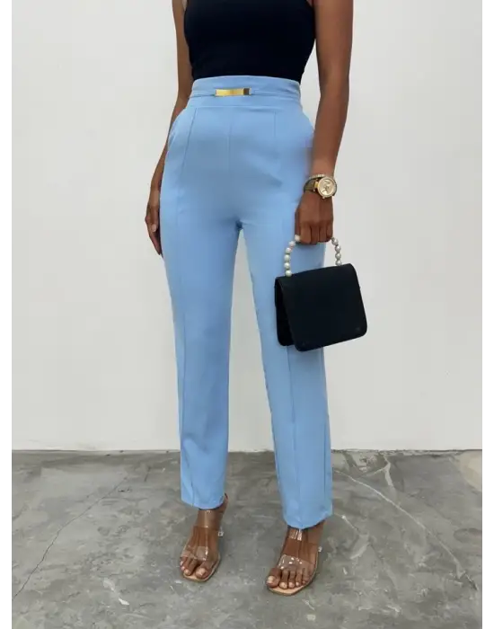 Omarı Beli Lastikli Cepli Pantolon - Hafif Mavi