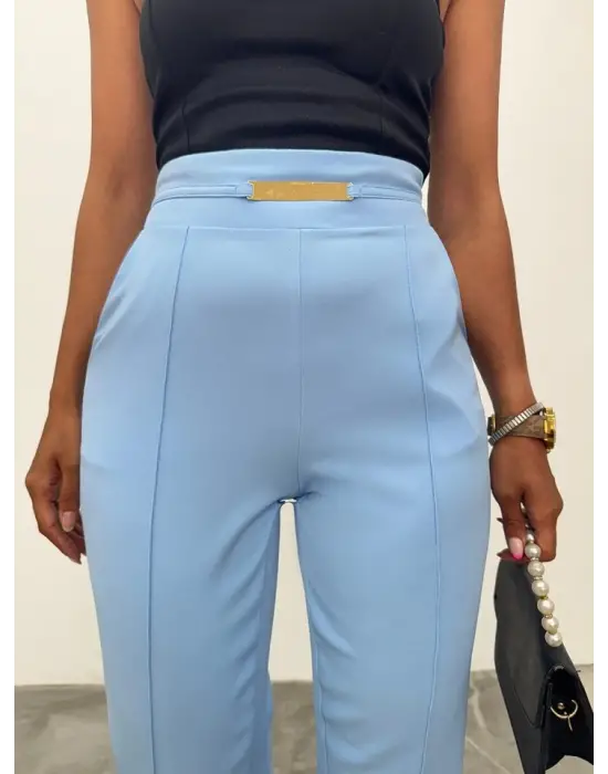 Beli Lastikli Cepli Metal Detaylı Pantolon -Bebe Mavi