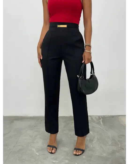 Omarı Şık ve Rahat Beli Lastikli Cepli Pantolon - Siyah