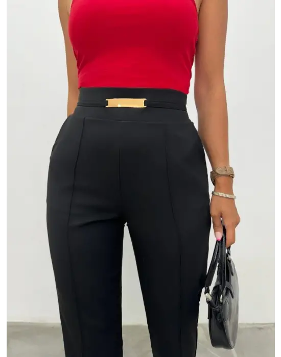 Omarı Şık ve Rahat Beli Lastikli Cepli Pantolon - Siyah