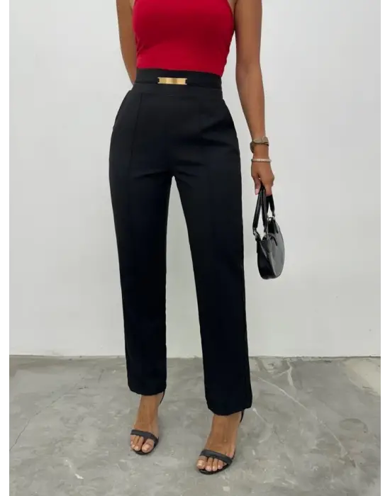 Omarı Şık ve Rahat Beli Lastikli Cepli Pantolon - Siyah