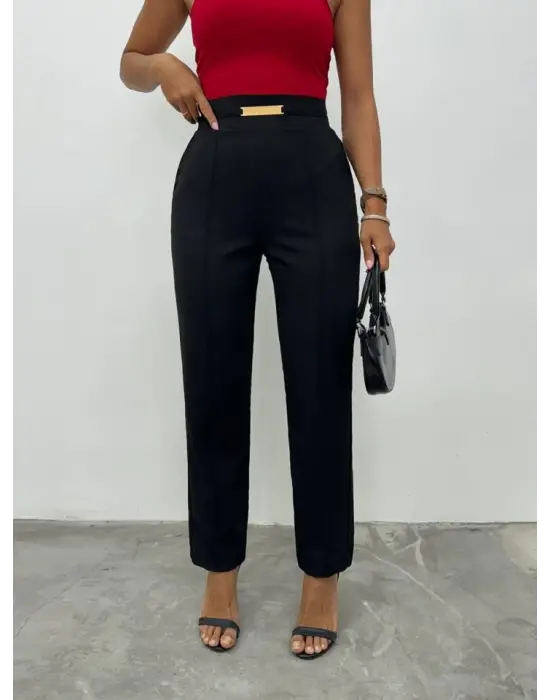 Omarı Şık ve Rahat Beli Lastikli Cepli Pantolon - Siyah