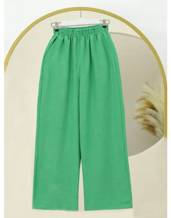 Beli Lastikli Çift Cepli Salaş Pantolon -Yeşil