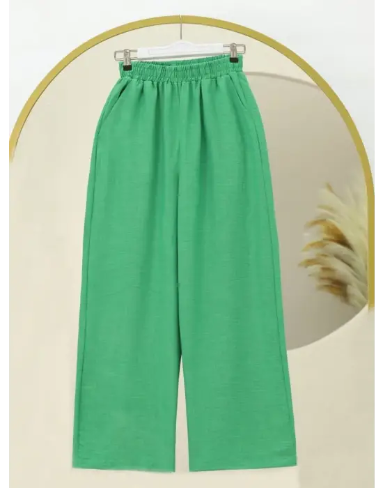 Omarı Yeşil Beli Lastikli Çift Cepli Salaş Pantolon