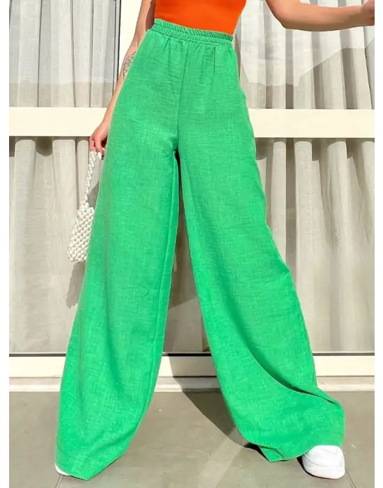 Beli Lastikli Çift Cepli Salaş Pantolon -Yeşil