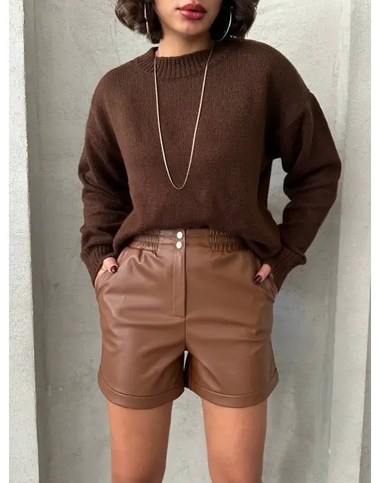 Beli lastikli çıtçıtlı deri şort kahve w241007