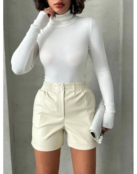Omarı Yüksek Bel Deri Şort Krem Farlı Çıtçıtlı Cree