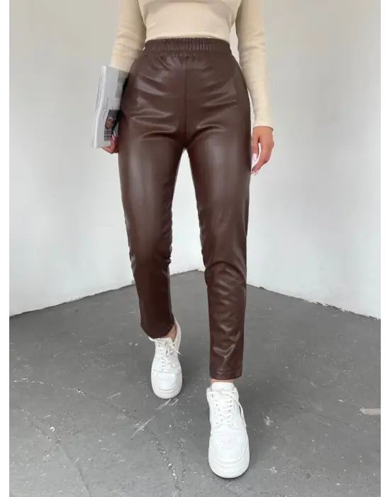 Beli Lastikli Deri Pantolon -Kahve