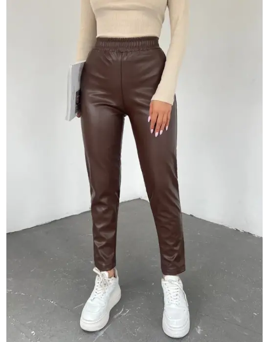 Beli Lastikli Deri Pantolon -Kahve