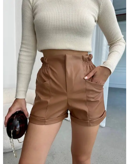 Beli lastikli deri şort kahve H24605