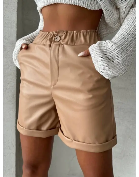 Omarı Beli Lastikli Deri Şort Bej
