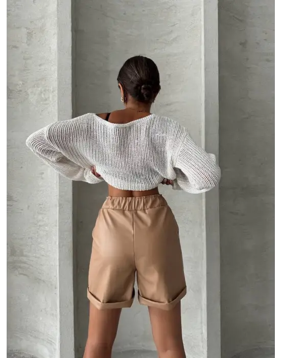 Omarı Beli Lastikli Deri Şort Bej