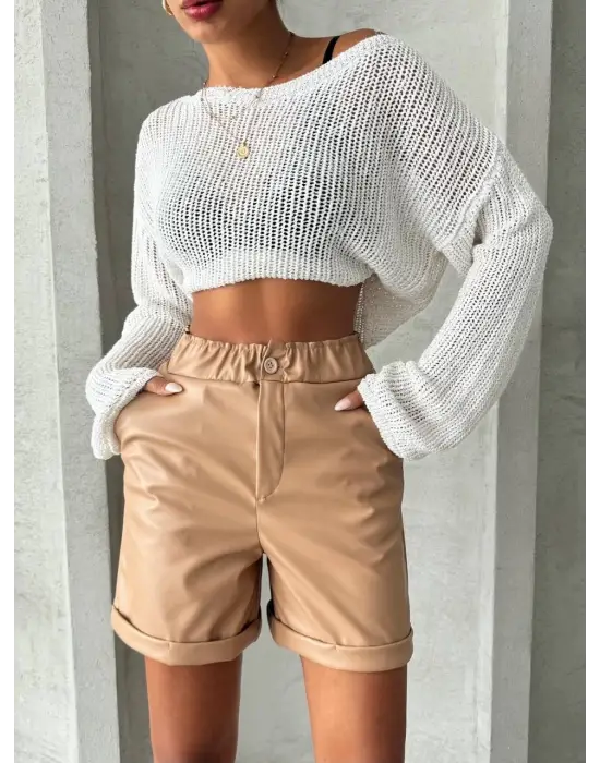 Omarı Beli Lastikli Deri Şort Bej